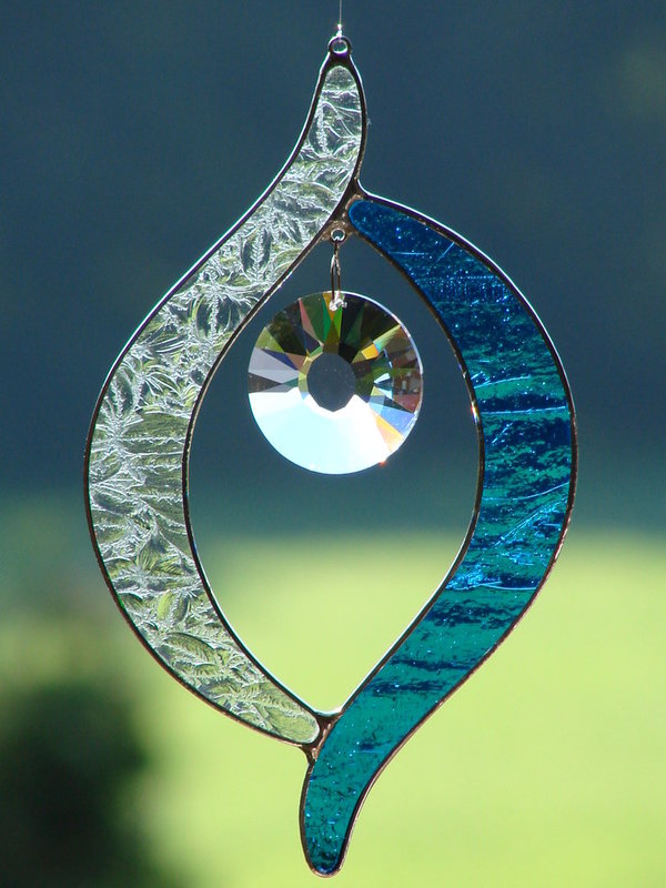 Fensterbild Eisblume-türkis strukturiert, mit Swarovski-Sonne 40mm