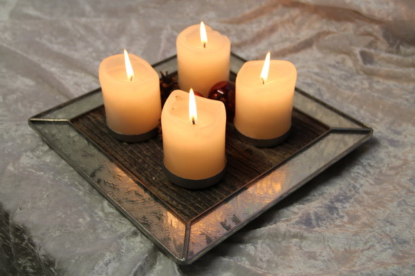 4er-Kerzenbrett mit Spiegel-Eisblumenglas-Rahmen, quadratisch